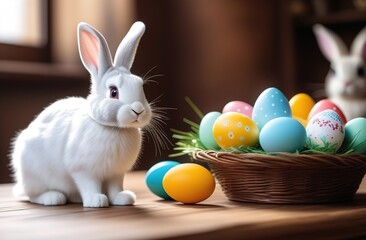 happy Easter. Colorful eggs and a rabbit. An atmospheric, beautiful, stylish postcard. Easter holiday.
