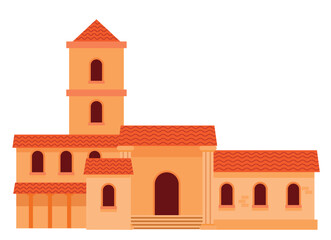 Fototapeta premium Mediterranean Style Building with Red Tiled Roof and Tower in Simple Icon Illustration