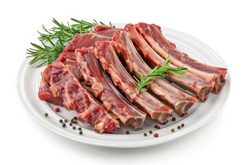 Delicious raw meat ribs garnished with fresh herbs on a clean white plate ready for cooking isolated on transparent background