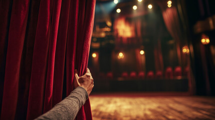 A hand gently pulls aside a rich red curtain, unveiling a dimly lit theater. The wooden floor shines under warm stage lights, and rows of empty seats create an atmosphere of anticipation