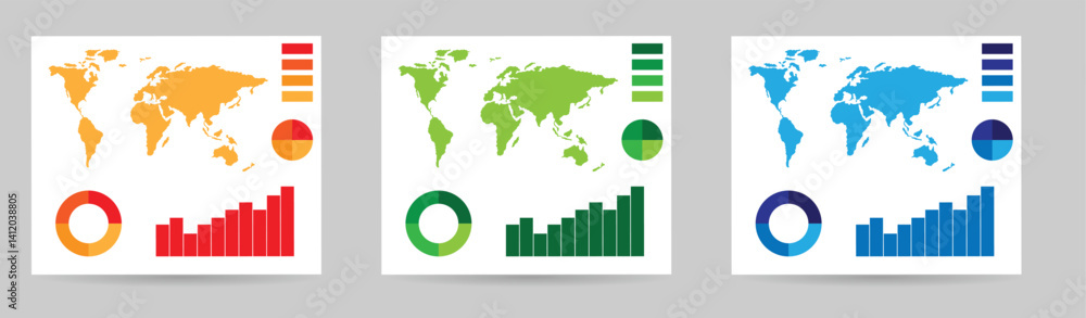 Poster business graphs with world map document template different colors. office documentation and sales in