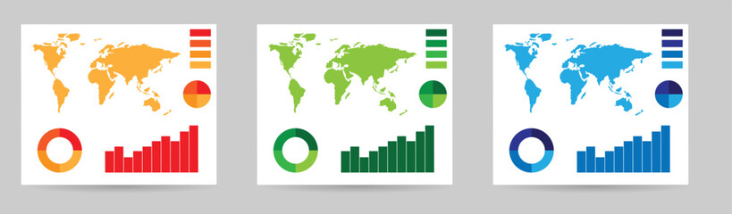 Business Graphs with World Map Document Template Different Colors. Office documentation and sales information vector art