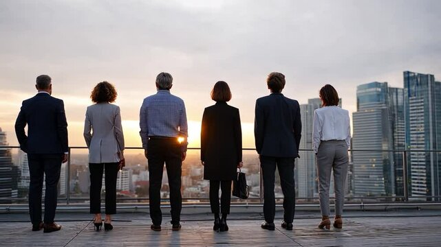 The Visionaries: A group of business professionals looking towards a promising future, overlooking a bustling cityscape under the soft glow of sunset.
