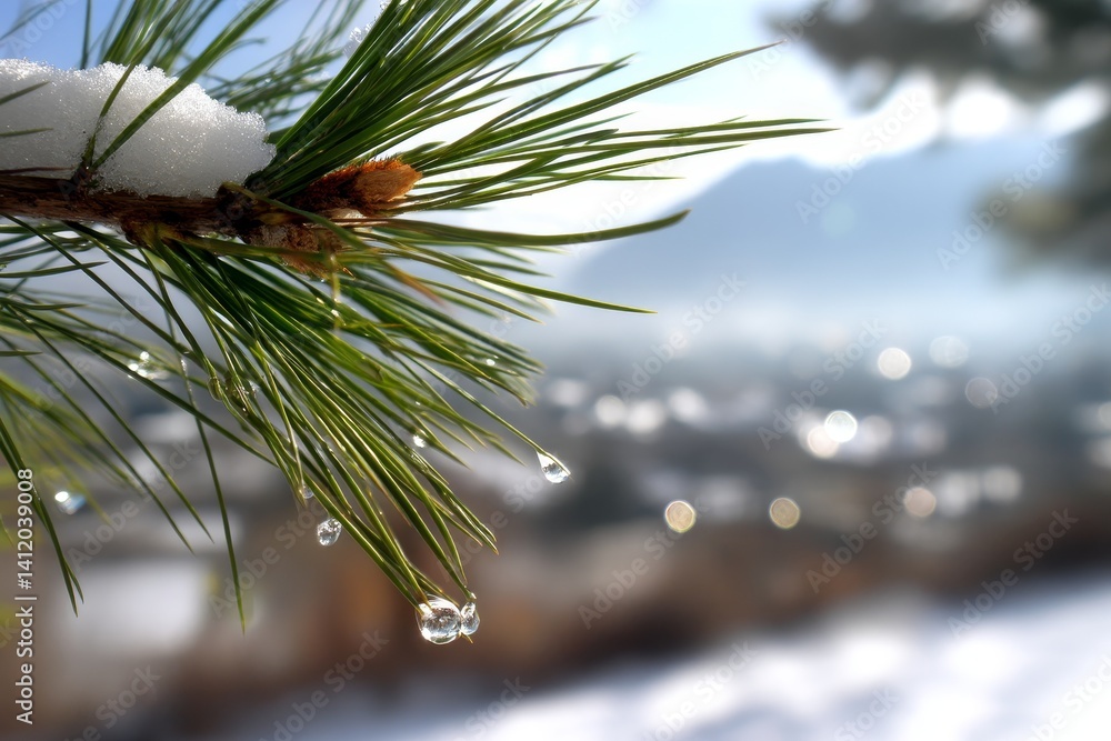 Poster morning frost on pine tree branch with melting snow creating shimmering droplets
