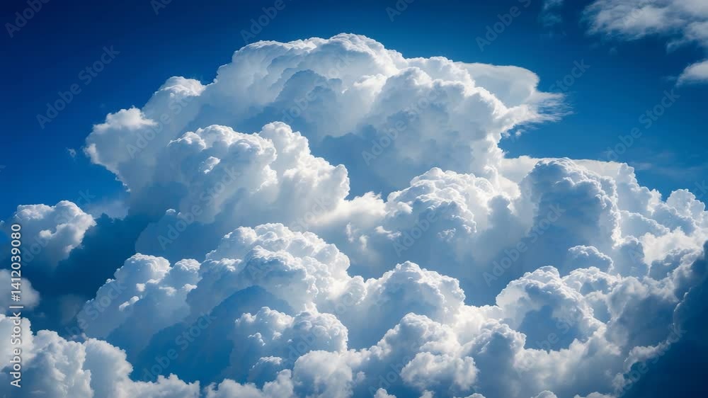 Poster blue sky with white clouds, bright cumulus in azure backdrop with empty area for text.