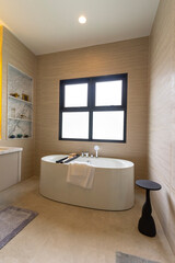 Bathroom interior, modern spacious white bathtub by the window.