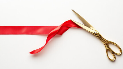 Golden scissors rest beside a vibrant red ribbon that is elegantly curled. This setup signifies the beginning of a special event or a memorable occasion, emphasizing celebration and new beginnings