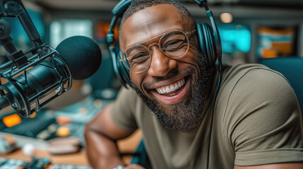 Laughing man in a studio with headphones, enjoying a lively podcast session