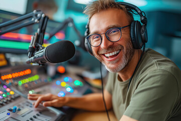 Smiling man at a podcast studio, capturing excitement while interacting with listeners.