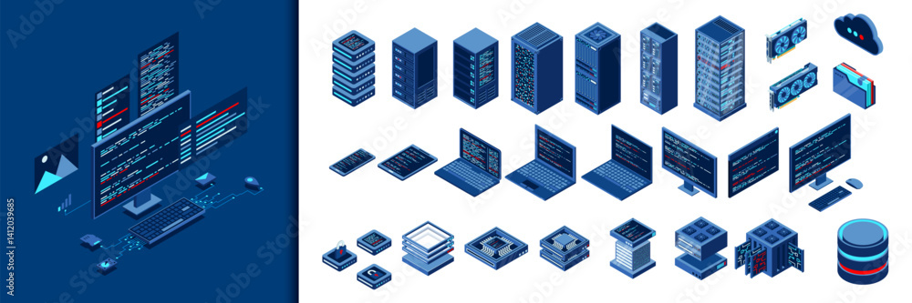 Poster set of isometric computer technology. isometric set server equipment. modern technology concept for 