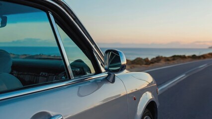 A silver car is parked on a road near the ocean. The car is parked on a road that is empty and has a beautiful view of the ocean