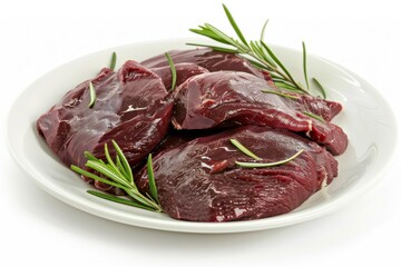 Fresh cuts of game meat garnished with sprigs of rosemary on a white plate for culinary creativity isolated on transparent background