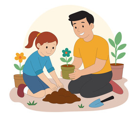 Father and Daughter Gardening Vector Illustration. Happy Gardening Activity with Child and Dad. Parent Teaching Gardening to Child Illustration. 