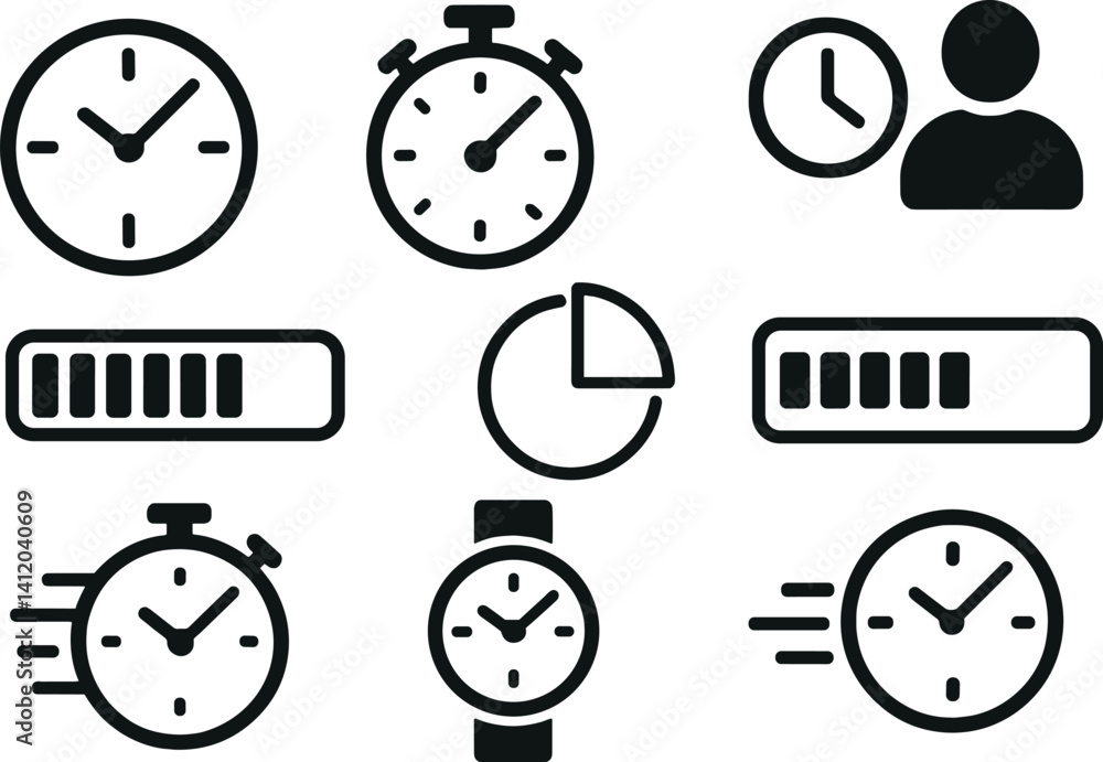 Poster essential time management icons for organization and productivity in simple design