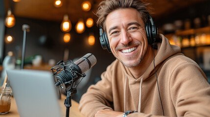 Cheerful man with headphones smiles while podcasting