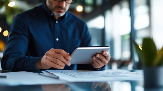 Supervisor reviewing digital blueprints on a tablet at a worksite. Featuring planning and execution