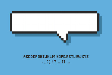 Empty pixelated speech bubble with alphabet, 8 bit cloud for text. Pixel speech bubble, 8 bit geometric texting dialogue box.