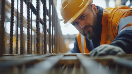 Supervisor reviewing the placement of steel reinforcements in a beam. Featuring strength and precision