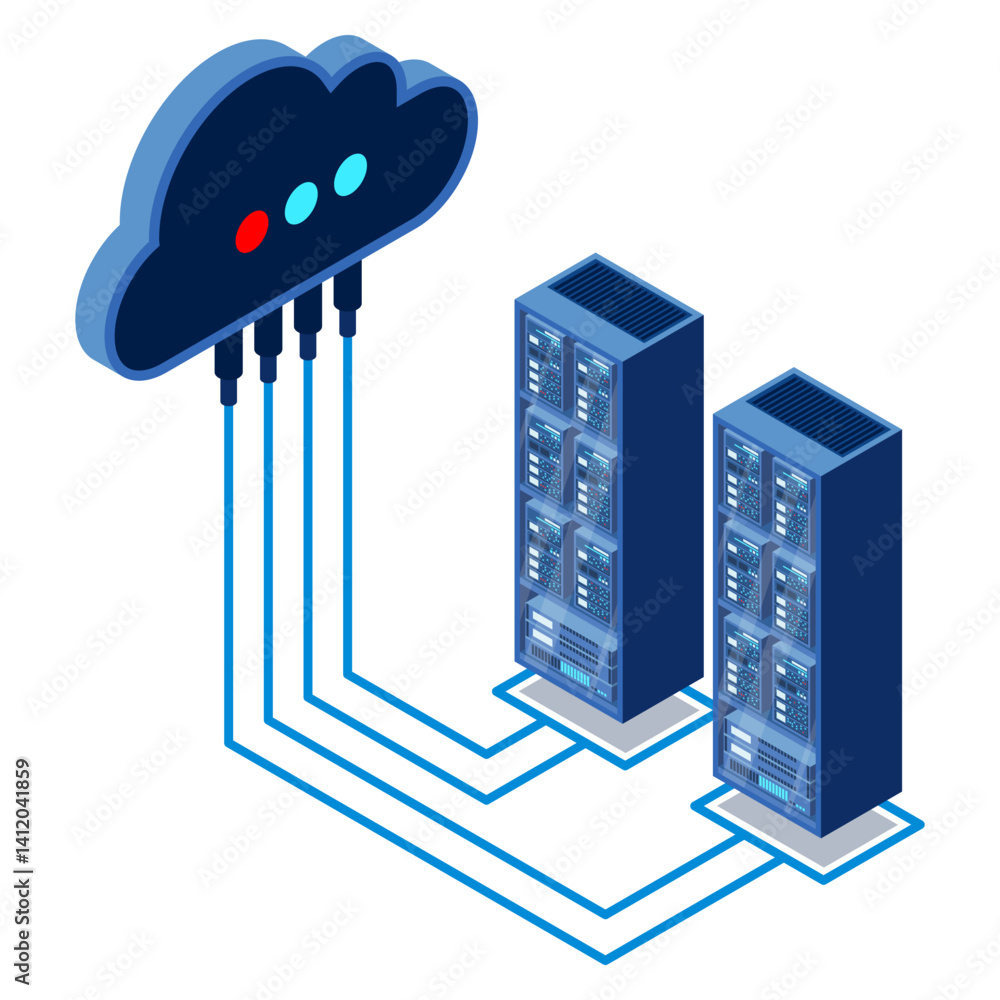 Poster cloud technology computing concept. data center concept. cloud storage. server room isometric. datab
