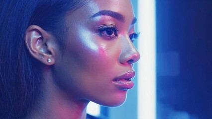 Portrait of a woman with striking makeup, highlighted against vibrant neon lights.