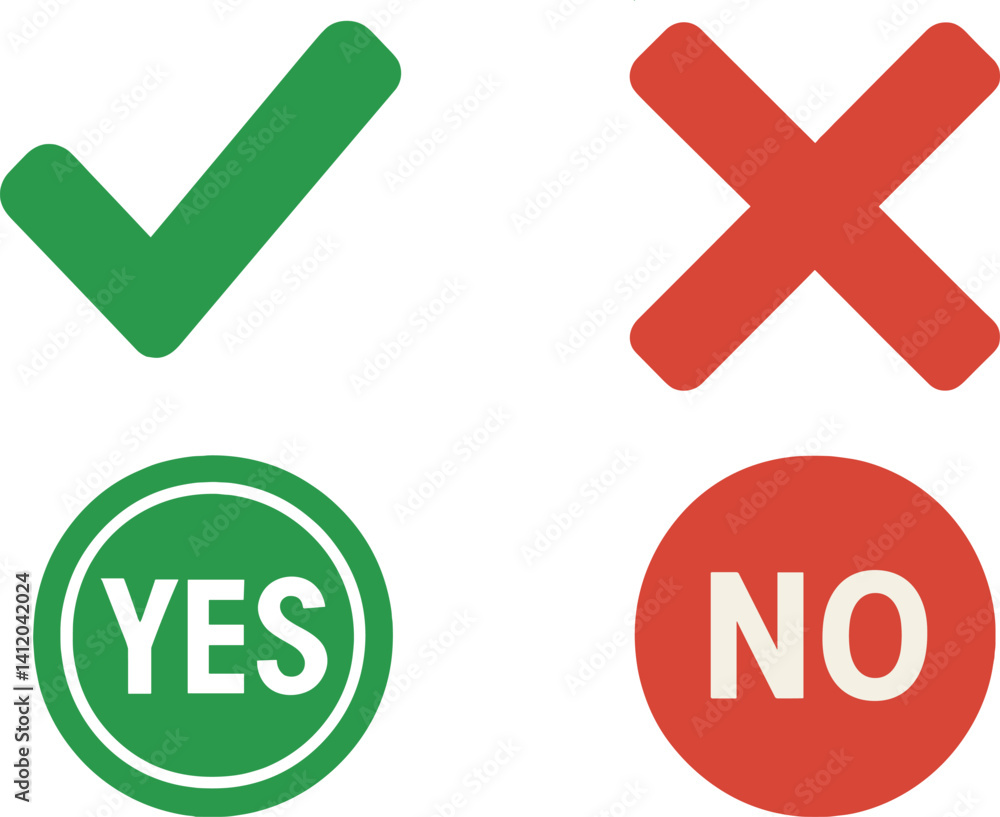 Poster checkmark and cross icons with yes and no symbols for decision-making and user interface design