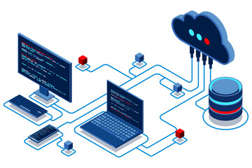 Cloud technology computing concept. Modern cloud technology. Data center isometric concept. Isometric cloud technology with datacenter. Web hosting concept. Isometric technology