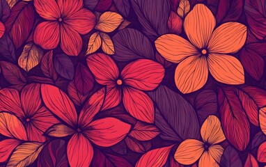 Vibrant Floral Pattern AI Art,  Red Orange Flowers Leaves