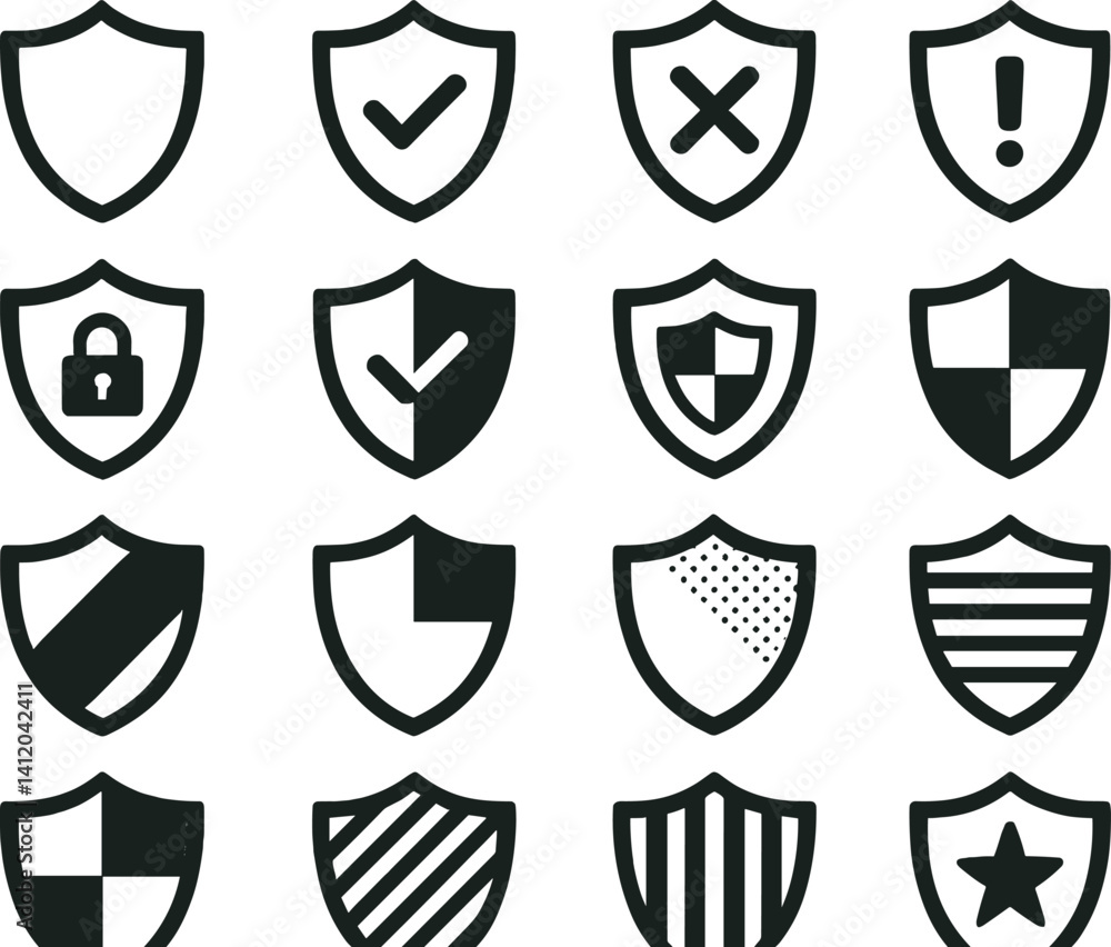 Poster versatile collection of simple shield icons for security and protection design projects