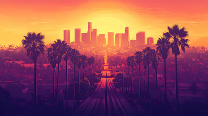 Sunset over los angeles skyline with palm trees and vibrant sky