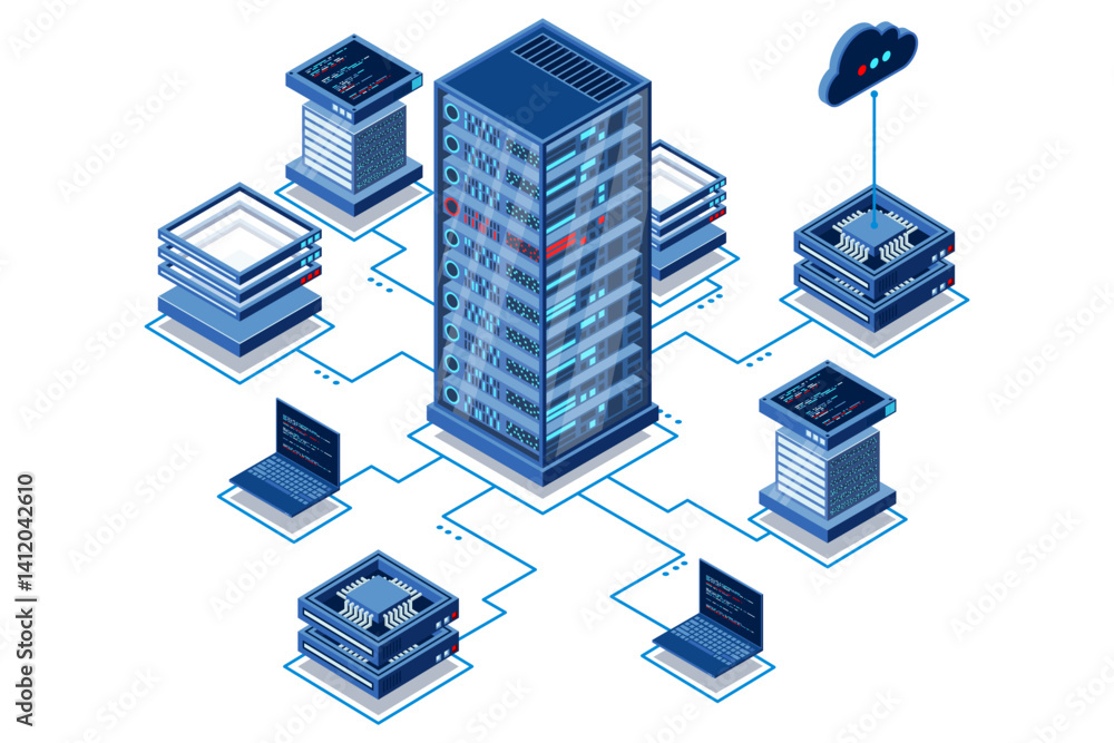 Poster computation of big data center. cloud computing. online devices upload and download information. iso