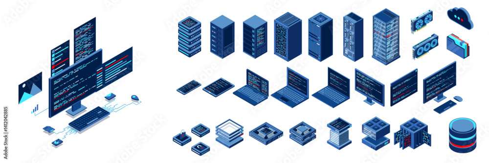 Fototapete Set of isometric computer technology. Isometric set server equipment. Modern technology concept for cloud computing. Isometric technology