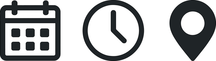 Date and time icon set featuring calendar, clock, and location symbols for planning and scheduling