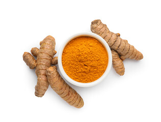 Turmeric powder in bowl and roots isolated on white, top view