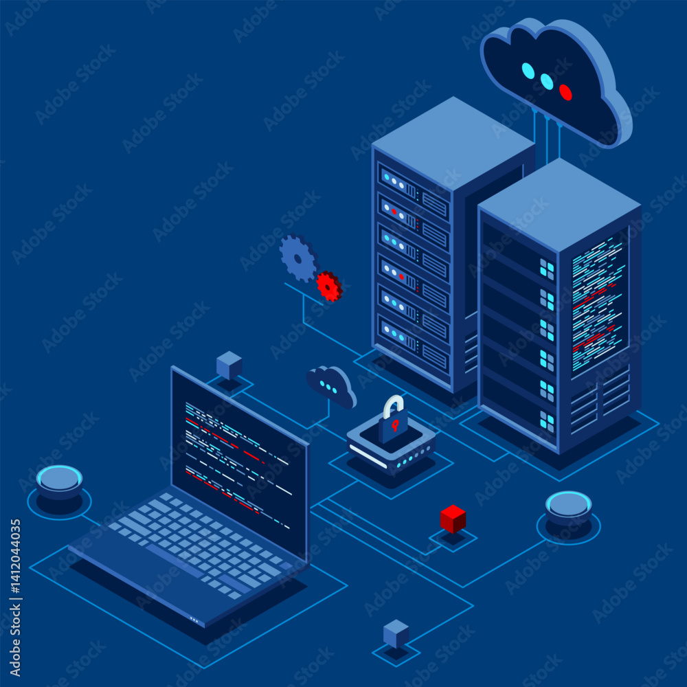 Poster cyber data security. internet security isometric concept. server room connected with laptop through 