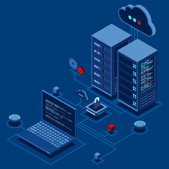 Cyber data security. Internet security isometric concept. Server room connected with laptop through protected hub. Computing internet digital technology. Isometric technology