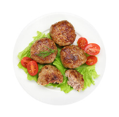 Delicious patties, dill, tomatoes and lettuce isolated on white, top view