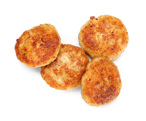 Many delicious roasted patties isolated on white, top view