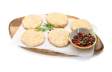 Many uncooked patties and spices isolated on white