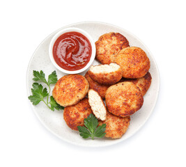 Tasty patties, parsley and ketchup isolated on white, top view