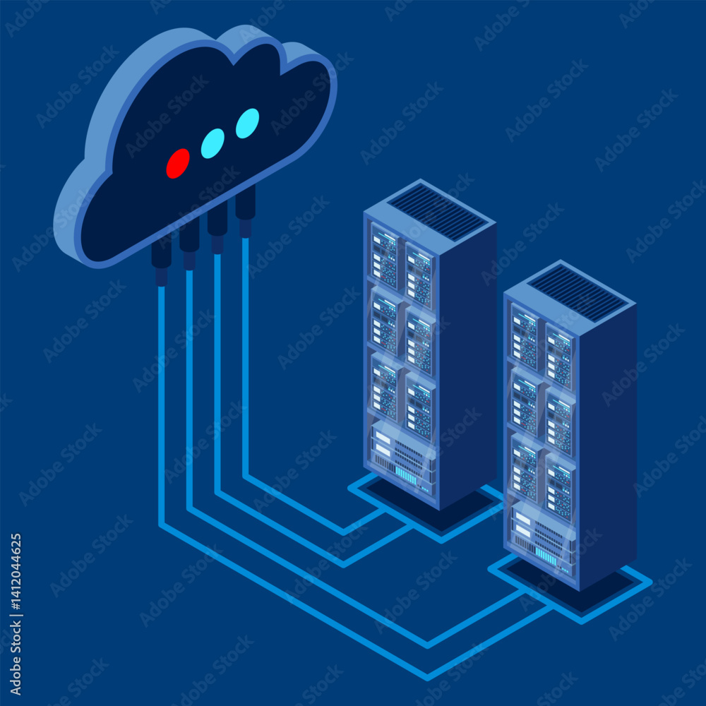 Poster cloud technology computing concept. data center concept. cloud storage. server room isometric. datab