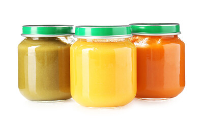 Baby food. Tasty puree in glass jars isolated on white