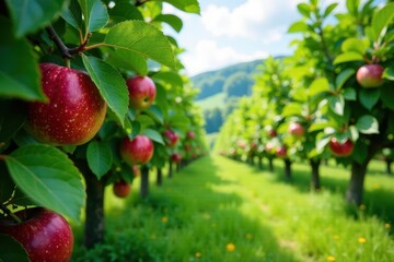Fototapeta premium Lush green orchard with juicy apples and ripe berries amidst lush trees, fruits, orchard