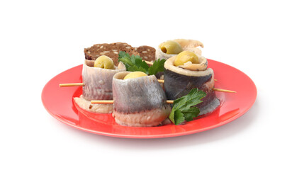 Delicious herring rolls with olives, parsley and bread on white background