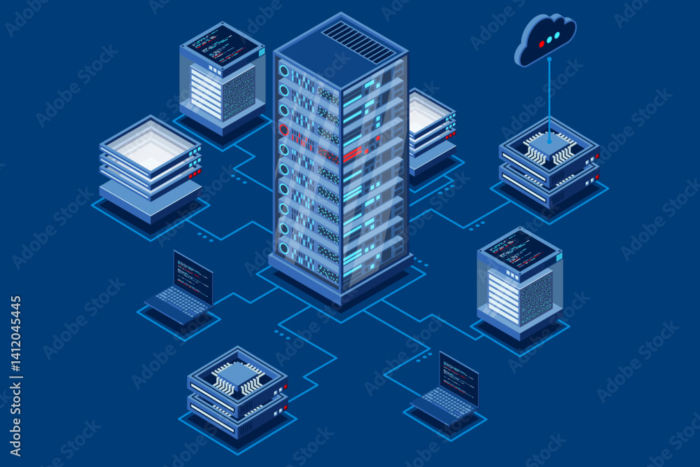 Poster computation of big data center. cloud computing. online devices upload and download information. iso