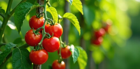 Lush tomato plants with green leaves hanging from a trellis in an abundance of vibrant red tomatoes, plant, tomatoes