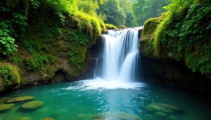 Lush vegetation surrounds a majestic waterfall with crystal clear waters flowing over moss-covered rocks, nature, moss