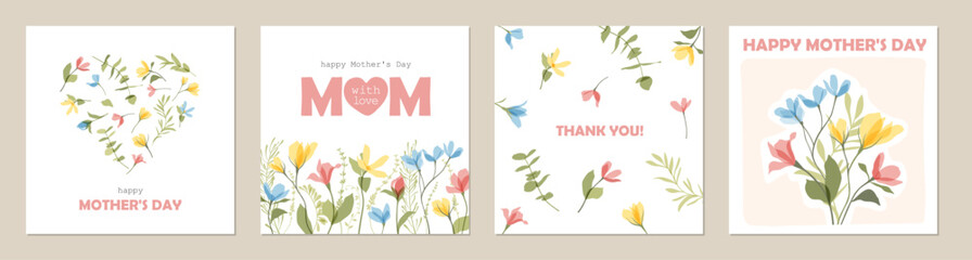 Mother's Day background Templates with Spring summer bright abstract floral design. Set of Floral poster, greeting card, cover with flowers. Bouquet and heart of colorful wildflowers. Botanical frame