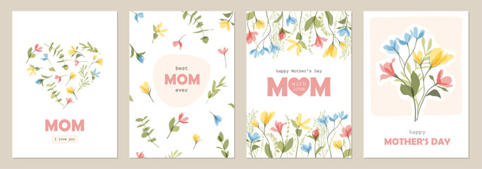 Mother's Day background Templates with Spring summer bright abstract floral design. Set of Floral poster, greeting card, cover with flowers. Bouquet and heart of colorful wildflowers. Botanical frame