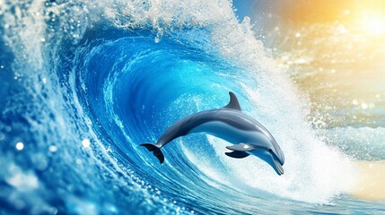 Fototapeta premium Majestic dolphin soaring through a vibrant ocean wave
