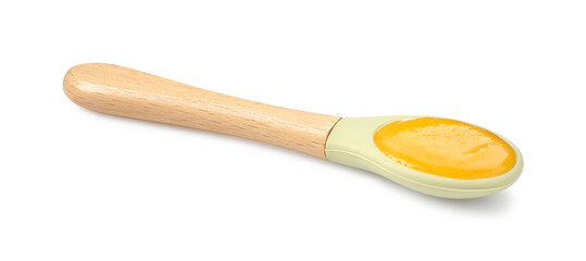 Baby food. Tasty puree in spoon isolated on white